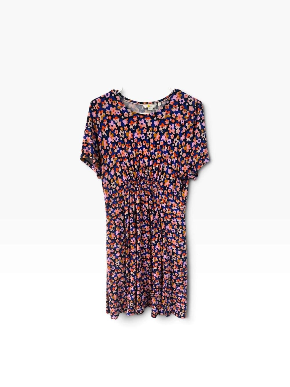 Boden Retro 70s Floral Short Sleeve Fit & Flare Dress Navy Pink US 10R UK 14R